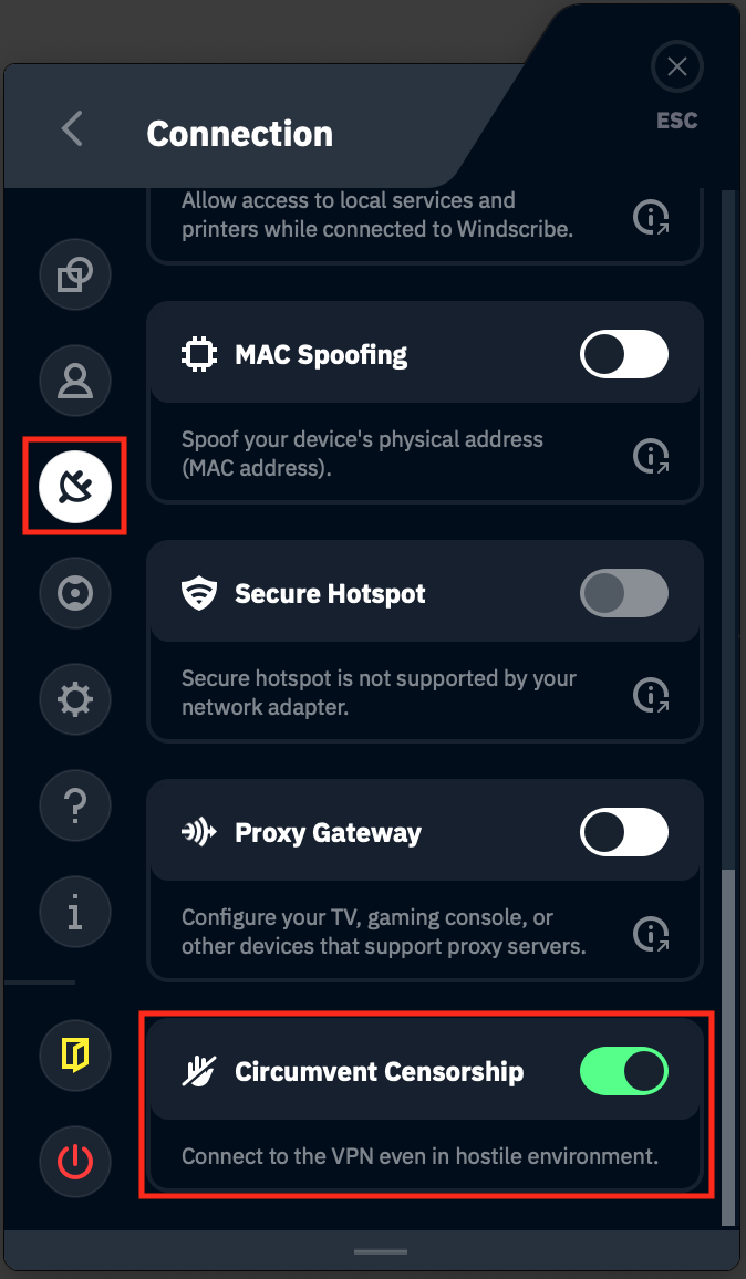 Connection tab showing Circumvent Censorship feature